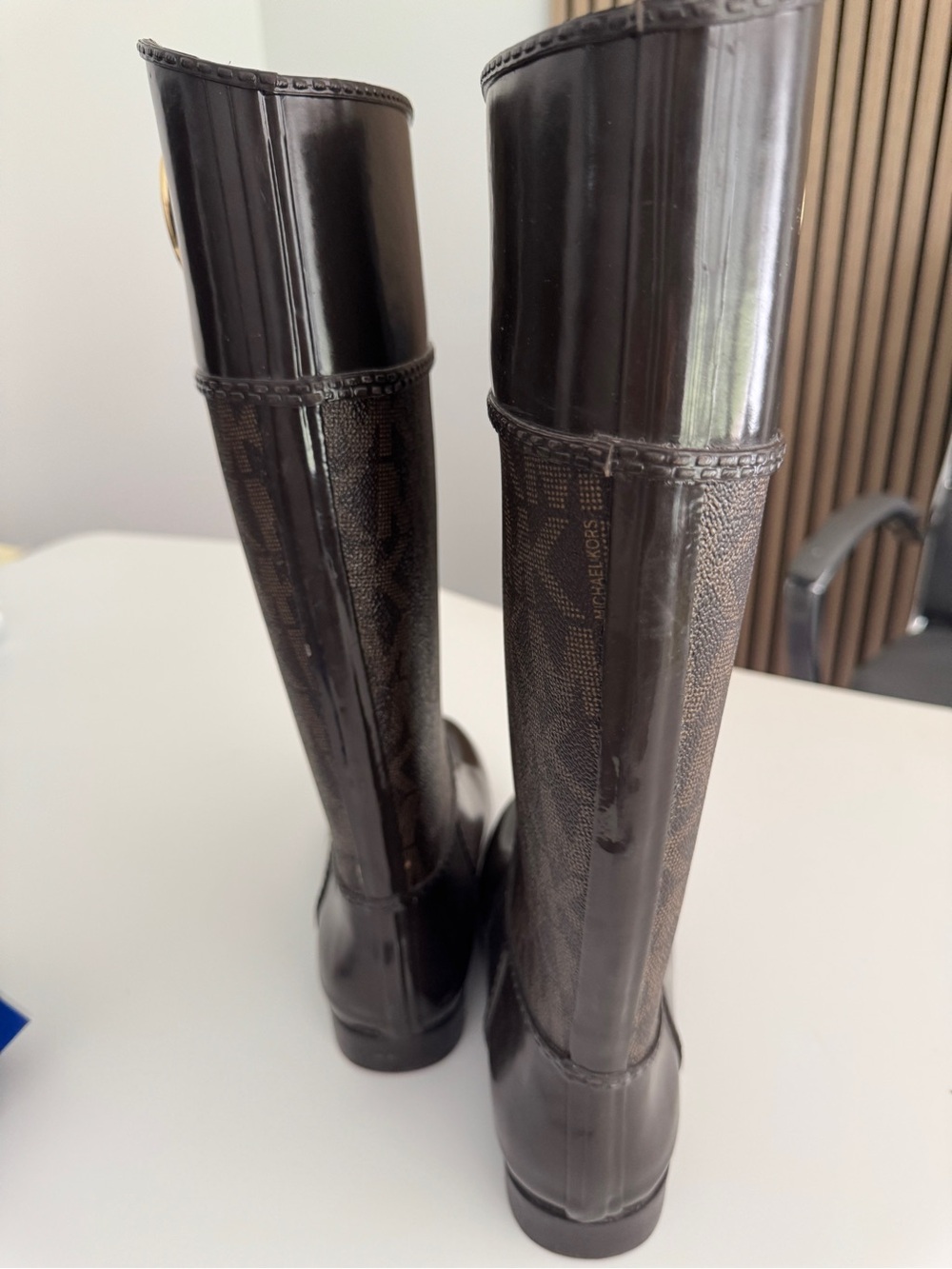 Michael Kors Brown MK Monogram Knee Boots with Gold Logo - Picture 2 of 3
